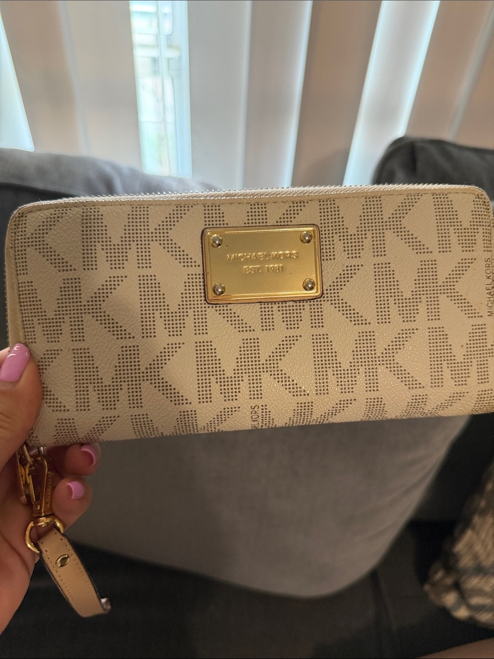 Michael Kors Cream Logo Zip Around Wallet with Gold Plaque